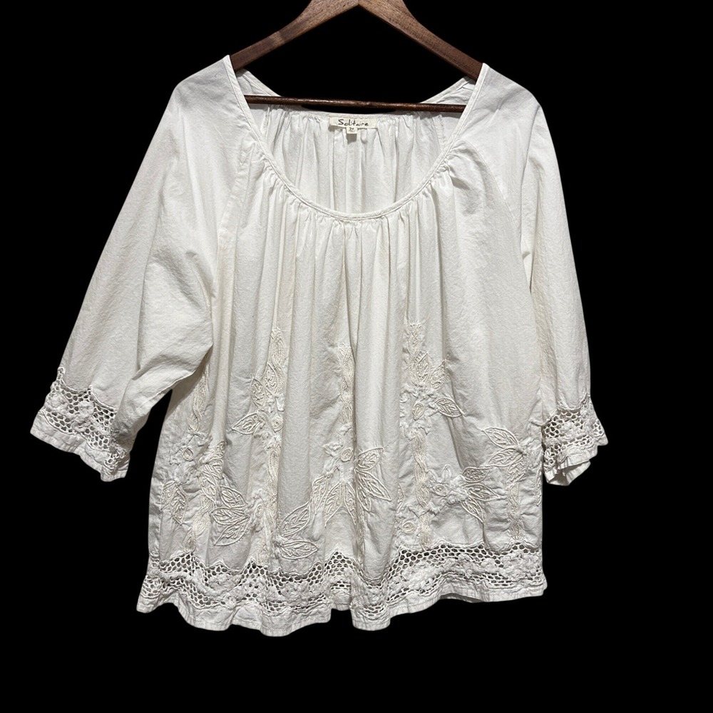 Solitaire Women Cottagecore Boho Embroidered Lace Trim Blouse 2X White Peasant